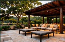 Texas Hill Country outdoor living space at sunset